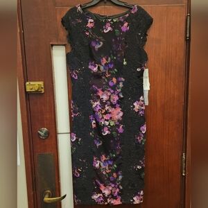 NWT Maggy London Black and Pink Lace Applique Floral Shift Dress